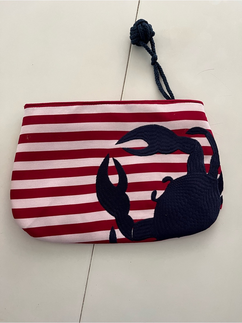 Striped Red & White Crab Embroidered Wristlet Pouch by Shiraleah